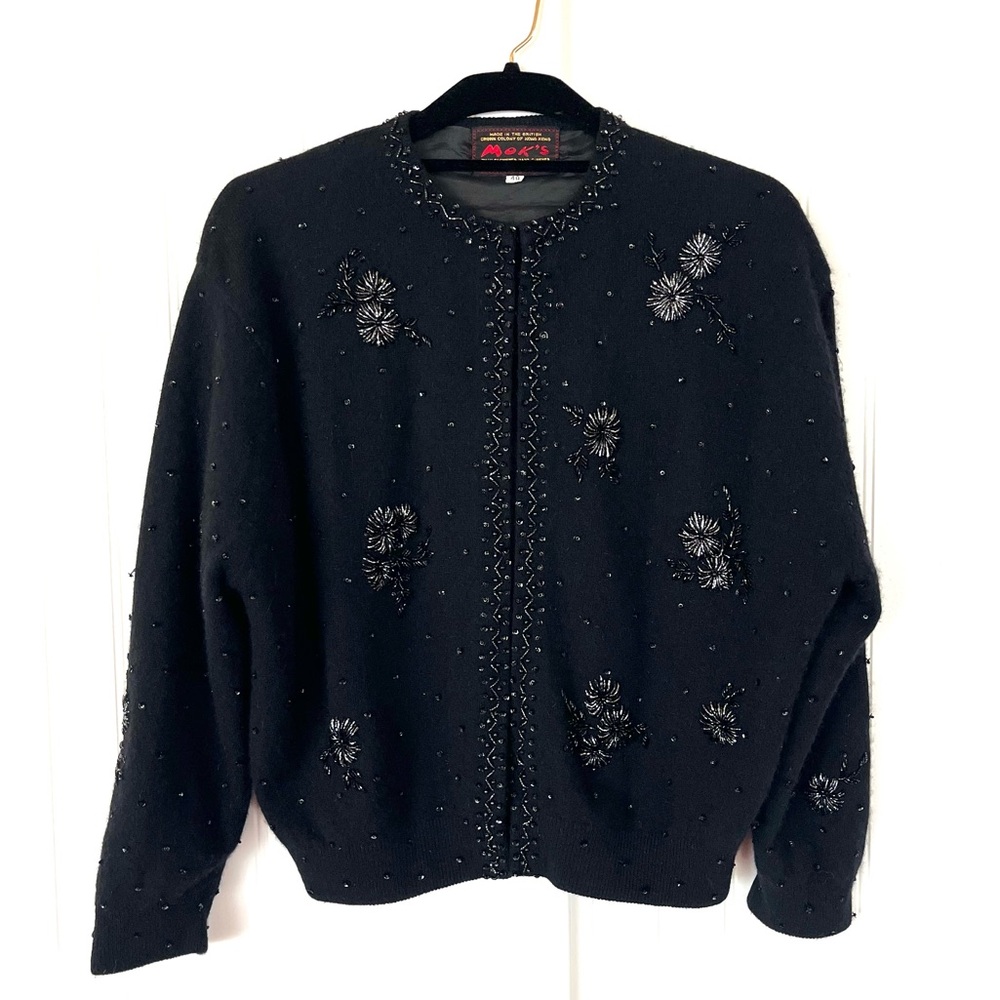 Vintage 1950s Black Angora Cardigan Fuzzy Sweater Hand Beaded Floral Soft Large